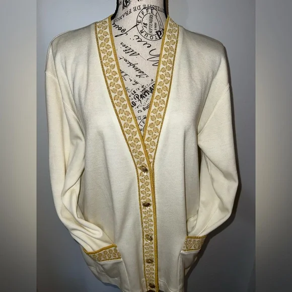 VTG 90s Cathy Daniel’s Ivory & Gold Trim Cardigan/Size Large - Picture 2 of 14